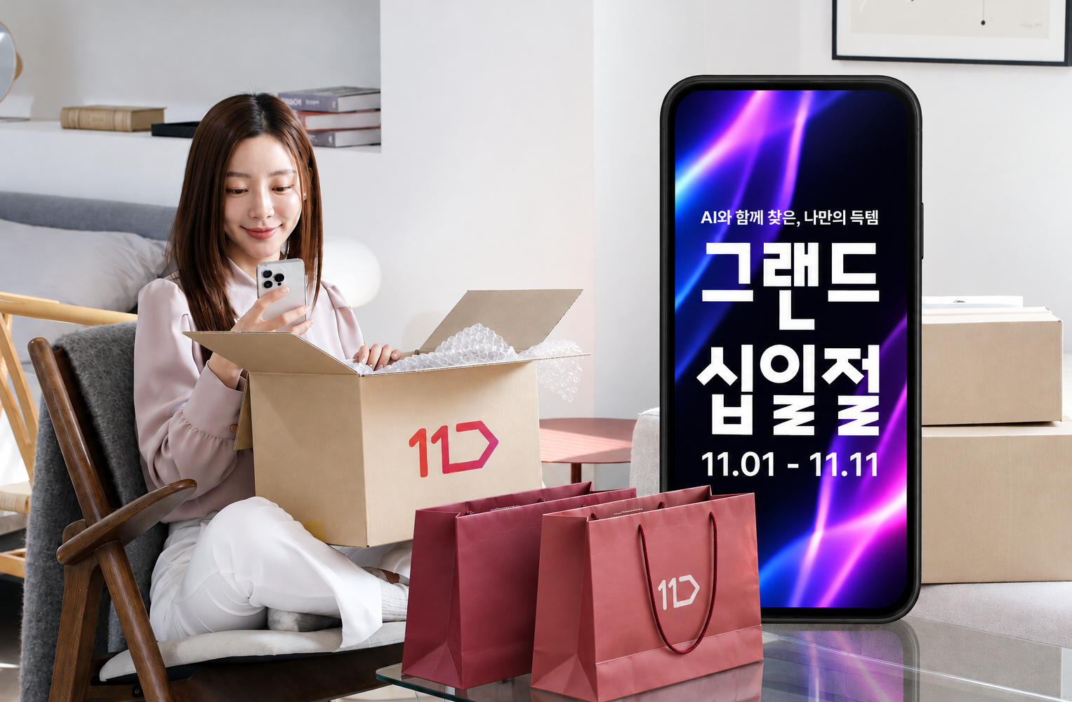 여성 모델이 핸드폰으로 그랜드십일절 쇼핑을 하고 있다
